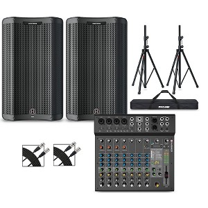 Harbinger VARI 3415 15" Powered Speakers Package With LX12 Mixer, Stands & Cables - 1 of 4