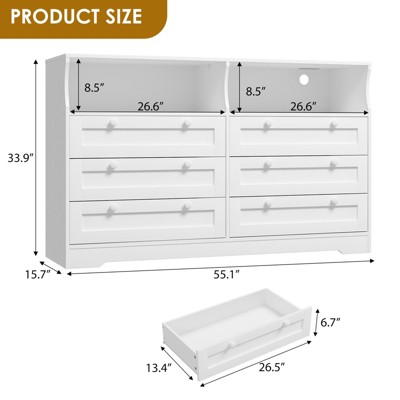 Product size diagram with dimensions of dresser and drawer box
