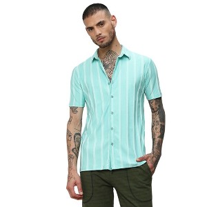 Campus Sutra Men Men's Aqua Blue Unbalanced Striped Shirt - 1 of 3