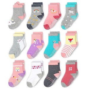 Cozyway Non-Slip Crew Grip Toddler Socks, 12 Pack for Girls, Rainbow/Hearts/Animals, 1-3 Years Old - 1 of 4