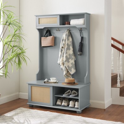 FURNIinspire Hall Trees Clothes Hanger Hall Tree Clothes Rack, Coat Rack, With Bench, Shoe Storage, Rattan Door For Entryway, Gray, 18.5"*40"*64.5"