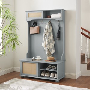 FURNIinspire Hall Trees Clothes Hanger Hall Tree Clothes Rack, Coat Rack, With Bench, Shoe Storage, Rattan Door For Entryway, Gray, 18.5"*40"*64.5" - 1 of 4