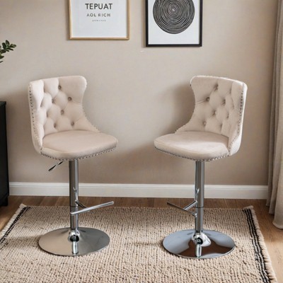 Modern Velvet Counter Height Swivel Bar Stools Chairs, Height-Adjustable Upholstered Barstools with Silver Legs, Set of 2