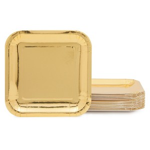 Juvale 48-Pack Gold Square Plates Disposable 7-Inch Paper Plates for Cake, Appetizer, Dessert, Lunch, Anniversary, Kids Birthday Party Supplies - 1 of 4