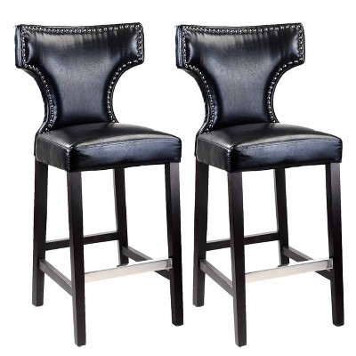 CorLiving Set of 2 Antonio Bar Height Barstools with Metal Studs Black: Upholstered Square Seat, Hardwood Legs