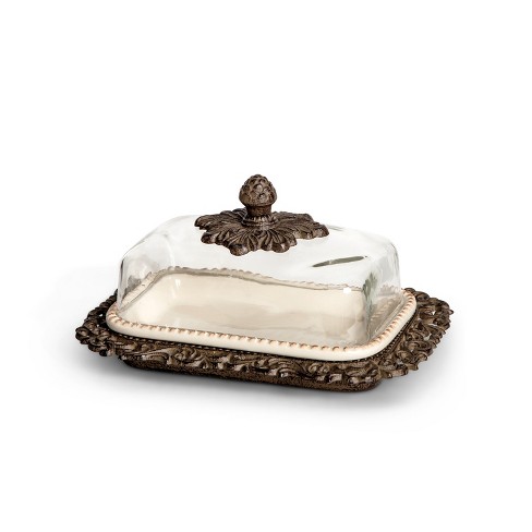 GG Collection Cream Stoneware Loaf Dish in Metal Acanthus Leaf Base