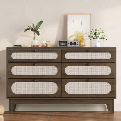 52.1" Rattan Bedroom Dresser, 6 Drawer Wood Dresser - Frame Feet, Charging Station, Large, Medium and Small Drawers