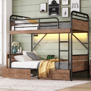 TIRAMISUBEST Twin XL over Twin XL Metal Bunk Bed, Detachable Metal Bunk Bed with LED Light and Charge Station, Twin XL Bunk Bed with 2 Storage Drawers - 1 of 4