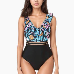 Anna-Kaci Swim Women's Ruffle One-Piece Swimsuit with Floral Print Bodice and Striped Waistband Detail - 1 of 4