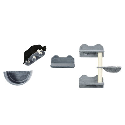VisioGear Cat Wall Shelves, 4 Pcs Cat Wall Furniture Cat Climbing Shelf with Cat Hammock, Scratching Post, for Playing, Gray, 15.8"*11"*28.8"
