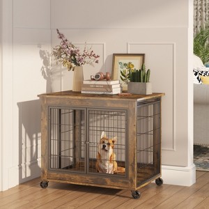 Gulches Rustic Brown Furniture-Style Dog Crate Side Table on Wheels with Double Doors - 1 of 4