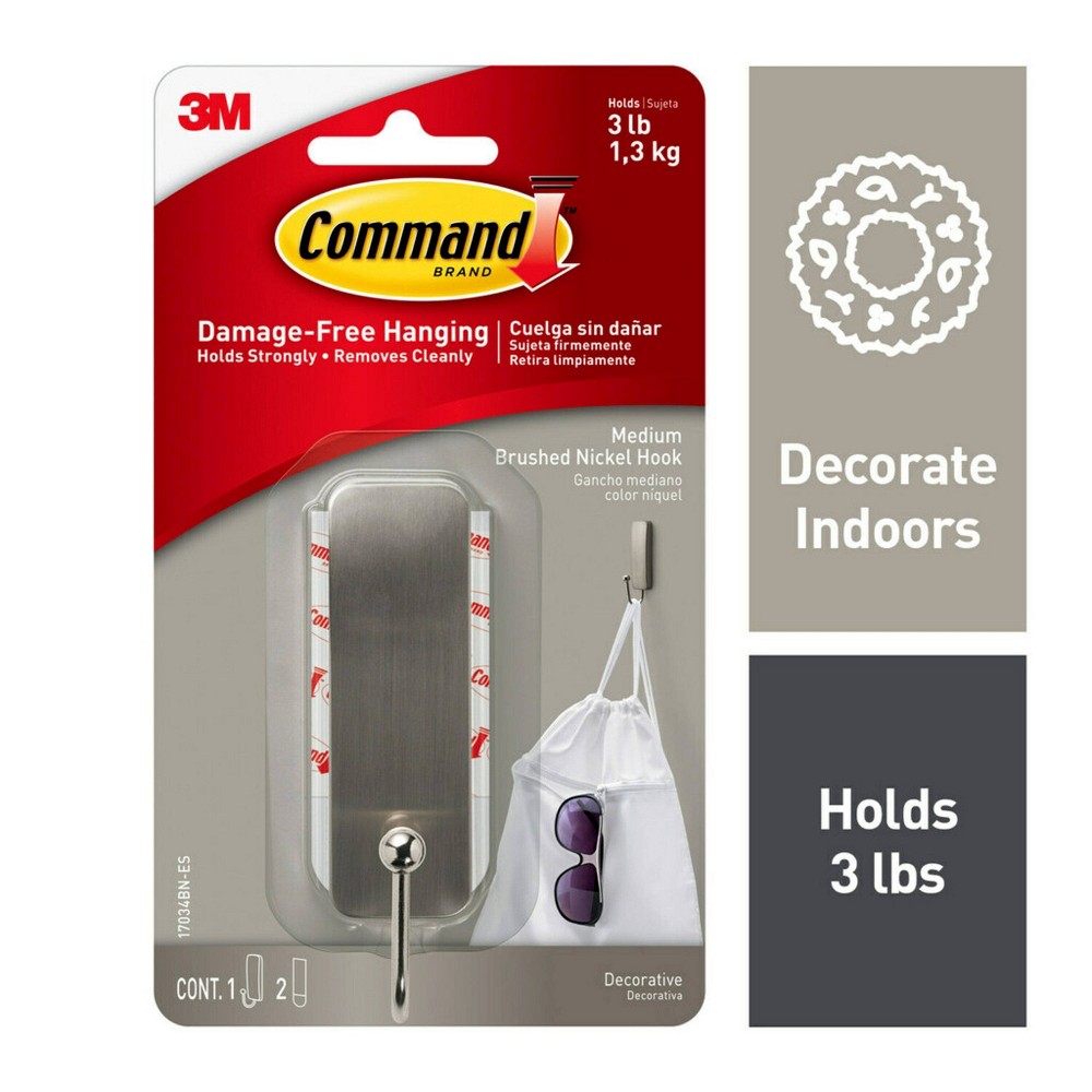 Command Medium Sized Hook Nickel: Heavy Duty Decorative Towel Hook, Silver, 3 lb Capacity, Painted Finish