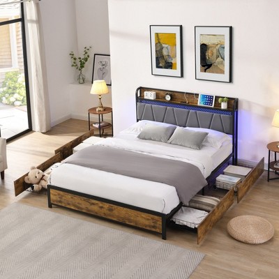 NicBex Full/Queen Upholstered Bed Frame with Storage Headboard and Charging Station,No Box Spring Needed,Easy Assembly,Beige/Gray/Black+Brown