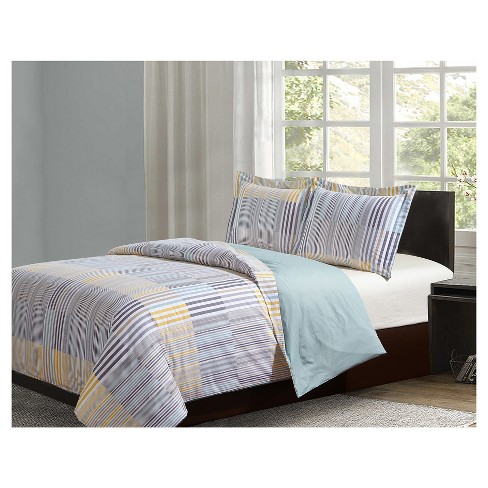 Gray Green Stripe Duvet Cover Set Queen 3pc Style Quarters