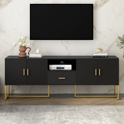 69"W TV Stand TV Console Entertainment Center Media Console with 1 Drawer, 2 Cabinets, and Anti-tip Device for TVs Up to 70", White/Black-ModernLuxe