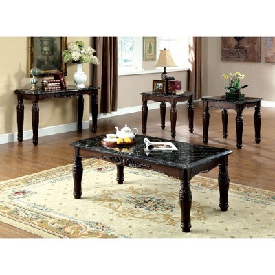 48" Wooden Traditional 3-Piece Coffee and End Table Set with Faux Marble Top, Turned Legs and Intricate Design for Living Room