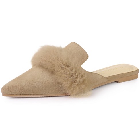 Allegra K Women's Pointed Toe Faux Fur Slip on Flat Slide Mules Beige 9