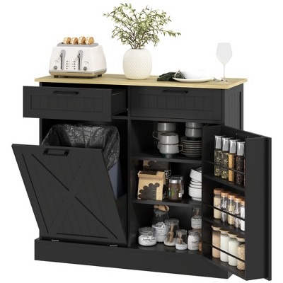 HOMCOM Tilt Out Trash Can Cabinet with Drawers, Farmhouse Kitchen Cabinet with Hidden Trash Can for Kitchen