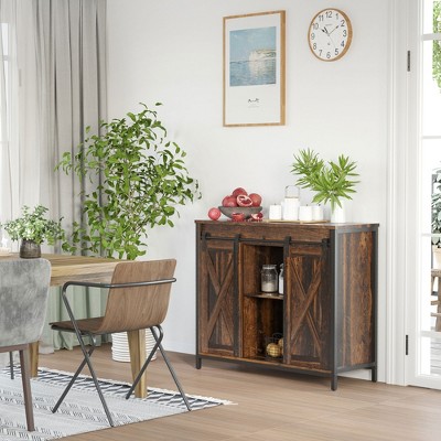 Rustic Brown Industrial Storage Sideboard with Sliding Barn Doors