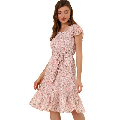 Allegra K Women's Floral Chiffon Flutter Sleeve Belted Square Neck Ruffled Hem Dress