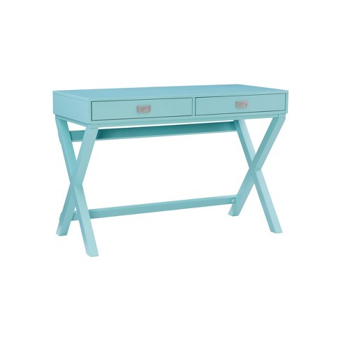 Peggy Transitional Campaign Wood Writing Desk With Drawers Blue Linon Silver Hardware X framed Legs Pine Frame Target