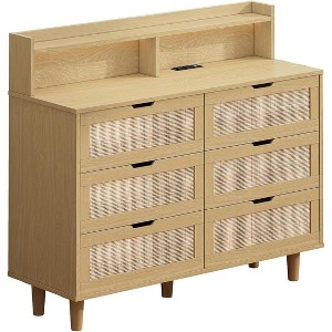 6 Drawer LED Storage Cabinet with USB/AC Charging, Anti-Tip Design & Rattan Drawers, Adjustable Lighting for Bedroom, Living Room, Hallway - 1 of 4
