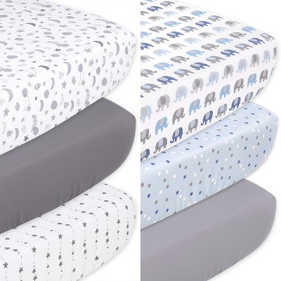 Image of The Peanutshell Celestial Stars and Elephant Fitted Crib Sheets, Unisex 6-Pack Set  | Grey, Blue