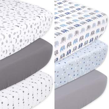 The Peanutshell Celestial Stars and Elephant Fitted Crib Sheets, Unisex 6-Pack Set  | Grey, Blue