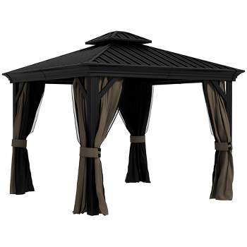 Outsunny Patio Gazebo 10' x 10', Netting & Curtains, 2 Tier Double Vented Steel Roof, Hardtop, Ceiling Hooks, Rust Proof Aluminum, Dark Brown