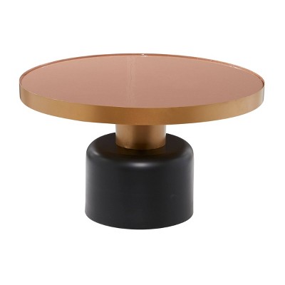 Elegant Gold and Black Round Metal Coffee Table with Enamel Inlay
