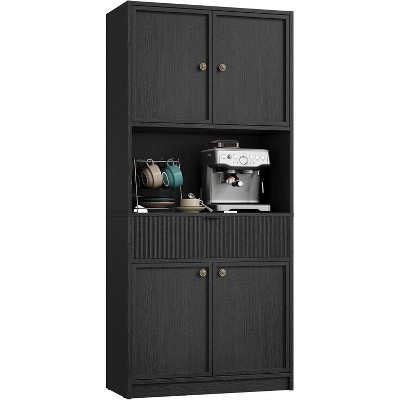 70" Tall Pantry Cabinet with Countertop, Fluted Storage Hutch with Microwave Shelf & Drawer for Kitchen, Dining Room Organization