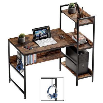Bestier Computer Office Desk with Steel Frame, Reversible Book Shelves, Headphone Hook, Adjustable Feet, & Under Desk Storage, Oak