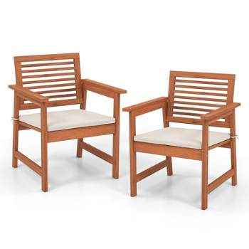 Costway Outdoor Dining Chair Patio Solid Wood Chairs with Comfortable Cushions