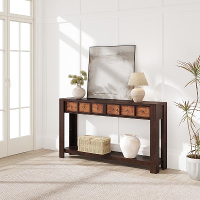 59-Inch Long Console Table, Wooden Entryway Table with 2 Drawers & Open Storage Shelf, Hallway, Living Room