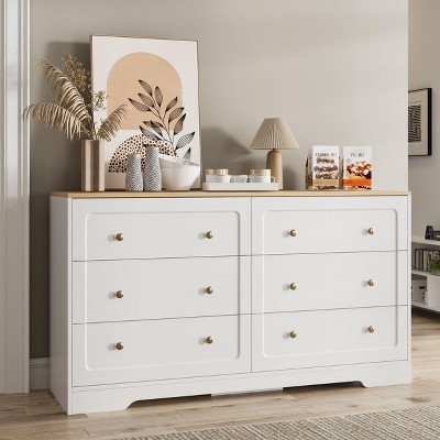 6 Drawers Dresser, 55" Wide Double Table, White Storage Cabinet