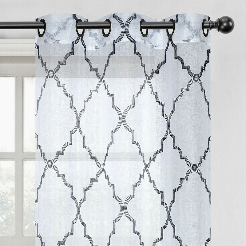 Kate Aurora Lux Home 2 Pack Shabby Trellis Semi Sheer Embroidered Clover Grommet Top Curtains, 1 of 7