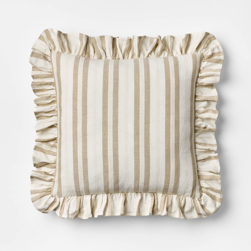Square Woven Stripe Throw Pillow with Ruffle Taupe/Ivory - Threshold™ designed with Studio McGee