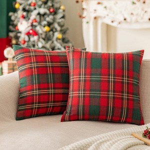 Set of 2 Red Christmas Scottish Plaid Throw Pillow Covers 18x18 Inch Green Woven Farmhouse Winter Decorative - 1 of 4