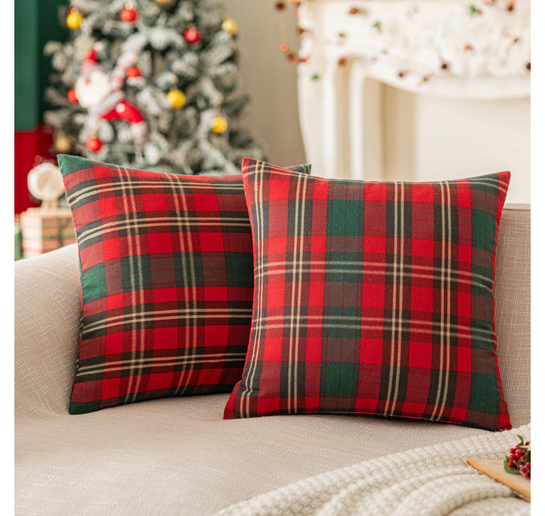 Set of 2 Red Christmas Scottish Plaid Throw Pillow Covers 18x18 Inch Green Woven Farmhouse Winter Decorative