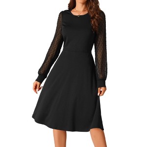 Seta T Women's Lantern Long Sleeve Round Neck Elegant Swiss Dots Work Knee Length Dress - 1 of 4