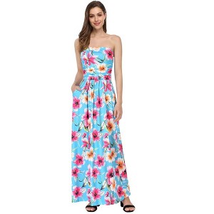 Women Strapless Floral Print Bohemian Boho Maxi Dress Casual Off Shoulder Beach Party Dress with Pockets - 1 of 4