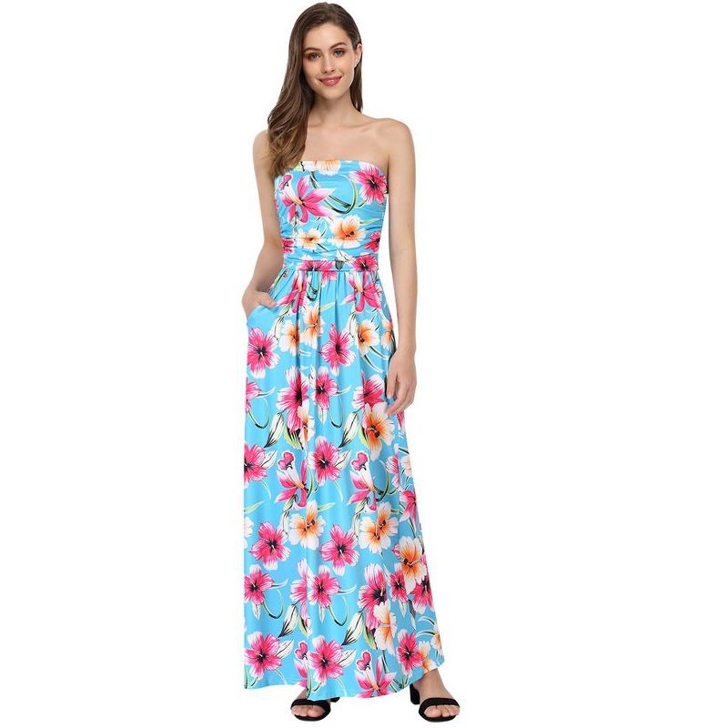 Women Strapless Floral Print Bohemian Boho Maxi Dress Casual Off Shoulder Beach Party Dress with Pockets, 1 of 6