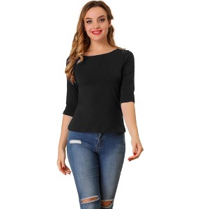 INSPIRE CHIC Women's Classic Solid Elbow Sleeves Round Neck Slim Fit T-Shirts - 1 of 4