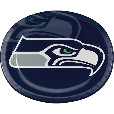 24ct Seattle Seahawks Football Oval Plates: NFL Disposable Dinnerware, Super Bowl Party, Navy Blue, 12"x10" Oblong, Logo Design