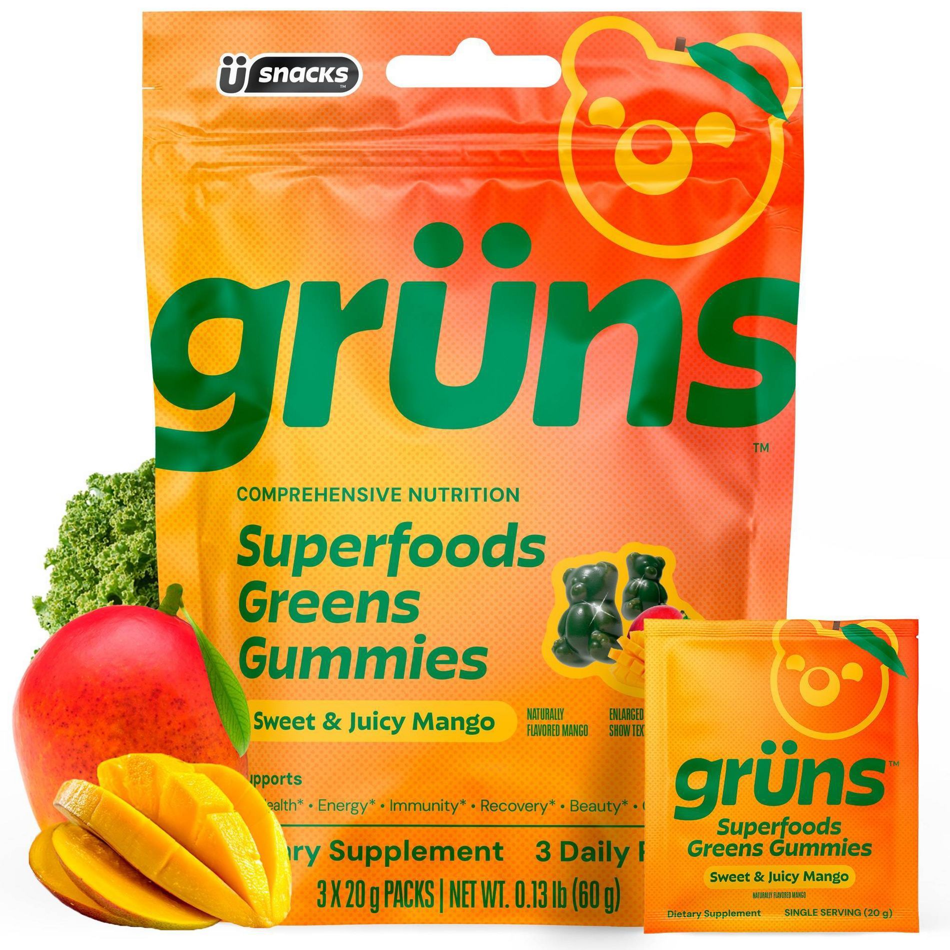 Grüns Adult Low Sugar Mango Superfoods Greens Gummies - 60g/3 Servings