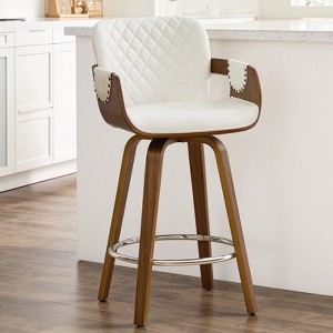 Bekrvio 26" Swivel Counter Stools with Back & Arms, Faux Leather Mid-Century Bar Stools for Kitchen Island, Walnut Frame, Set of 1/2/3/4 - 1 of 4