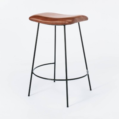 Clarkston Metal Counter Height Barstool with Upholstered Seat Genuine Brown Leather Threshold designed with Studio McGee