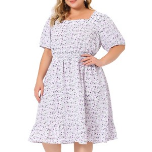 Agnes Orinda Women's Plus Size Floral Ruffle Hem Square Collar Empire Waist Dresses - 1 of 4