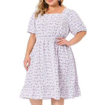 Agnes Orinda Women's Plus Size Ruffle Hem Square Collar Smocked Waist Floral Midi Shirt Dresses