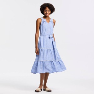 Women's Contrast Lace Trim Belted Tiered Midi A-Line Dress